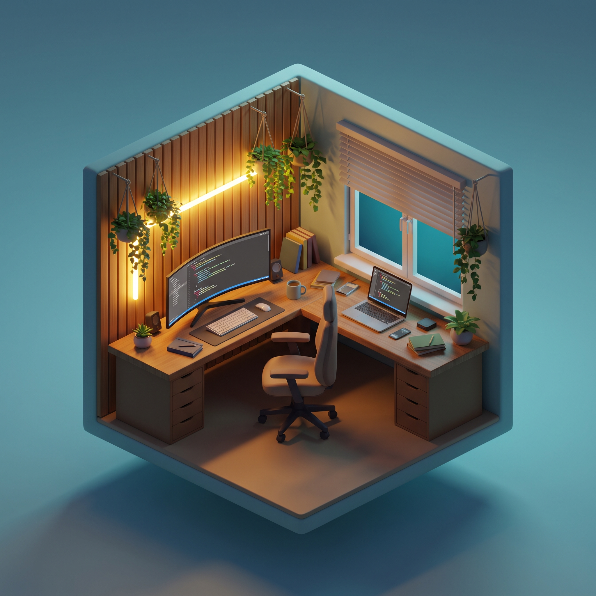 Isometric 3D render of Edwin's office